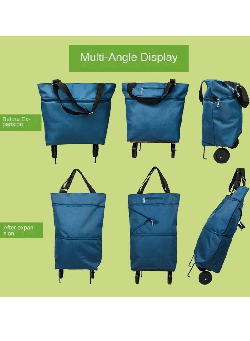 HILUKE Collapsible Reusable Foldable Trolley Grocery Shopping Tote Bag-Blue  - Image 5