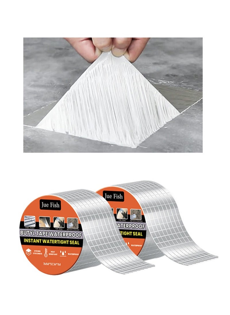 JUE-FISH - 2Pcs Butyl Tape Waterproof Sealing Tape Aluminum Foil Tape，For RV Repair，Window，Silicone，Glass & EDPM Roof Leak Patching，Boat and Pipe Sealing（Silver，1mm x 5cm x 1m） - Image 1