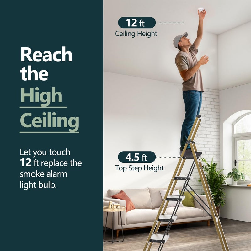 WOA WOA 6 Step Ladder, Lightweight Folding Ladder with Non-Slip Wide Pedals, Ladder with Safe Grip Handle, Easy to Open and Close, Suitable for Home and Outdoor - Brown Gold - Image 2