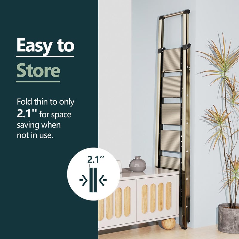 WOA WOA 6 Step Ladder, Lightweight Folding Ladder with Non-Slip Wide Pedals, Ladder with Safe Grip Handle, Easy to Open and Close, Suitable for Home and Outdoor - Brown Gold - Image 4