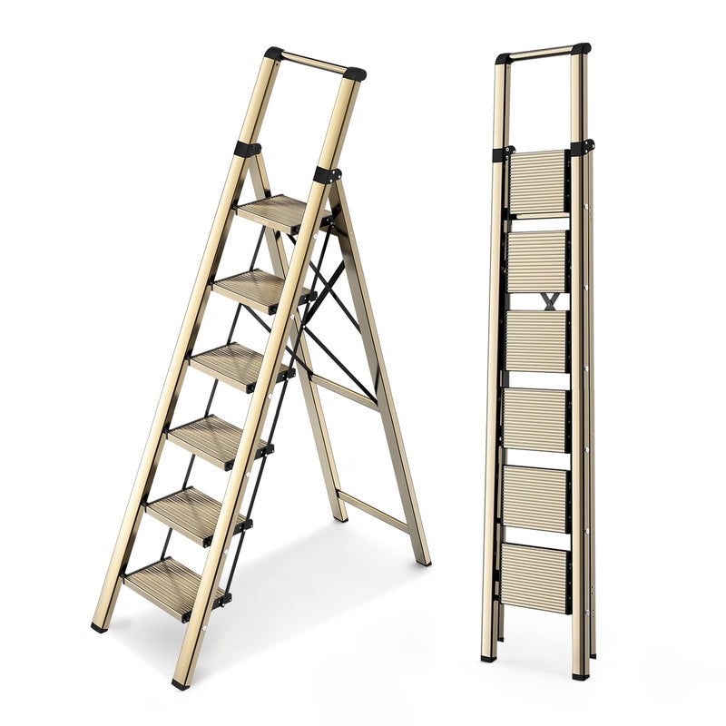 WOA WOA 6 Step Ladder, Lightweight Folding Ladder with Non-Slip Wide Pedals, Ladder with Safe Grip Handle, Easy to Open and Close, Suitable for Home and Outdoor - Brown Gold - Image 1