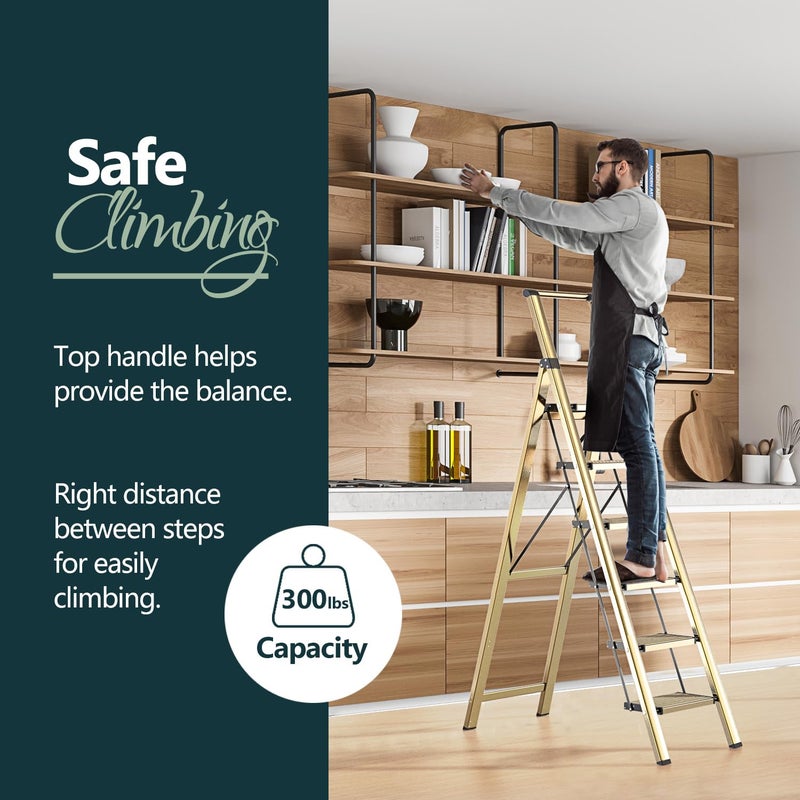 WOA WOA 6 Step Ladder, Lightweight Folding Ladder with Non-Slip Wide Pedals, Ladder with Safe Grip Handle, Easy to Open and Close, Suitable for Home and Outdoor - Brown Gold - Image 3