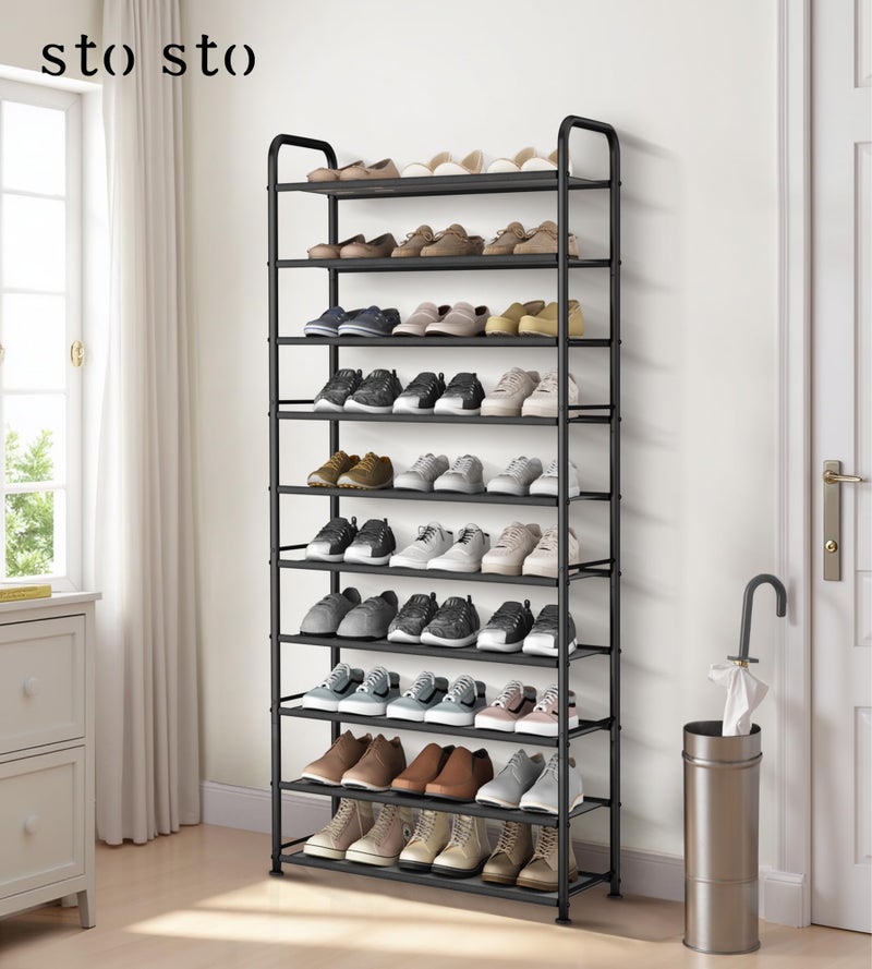 STO STO 10-Tier Shoe Rack with Sturdy Mesh Shelves, Tall Metal Shoe Organizer for Entryway, Closet, Garage, Front Door, Holds 30 Pairs, Free Standing Large Shoe Storage Shelf, Adjustable Feet, Black - Image 2