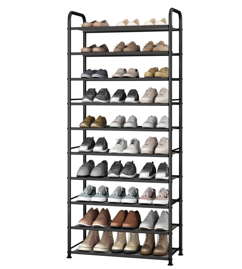 STO STO 10-Tier Shoe Rack with Sturdy Mesh Shelves, Tall Metal Shoe Organizer for Entryway, Closet, Garage, Front Door, Holds 30 Pairs, Free Standing Large Shoe Storage Shelf, Adjustable Feet, Black - Image 1