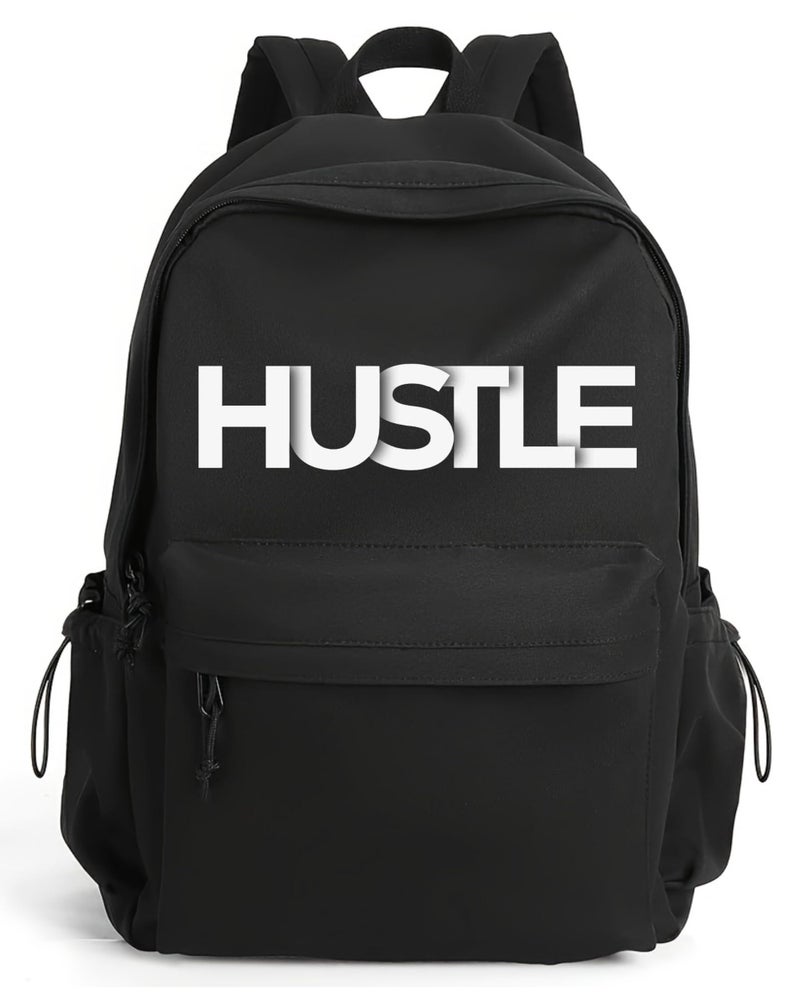Glowic Stylish Printed Backpack for Men & Women | Laptop Bag with Trendy Quotes | Casual Travel, College & Office Backpack for Daily Use (Hustle Black) - Image 1