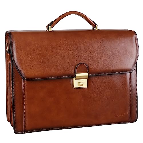 Banuce Vintage Leather Briefcase for Men Attache Case with Lock 14 Inch Laptop Bags for Work Business Travel with Luggage Strap Brown - Image 1