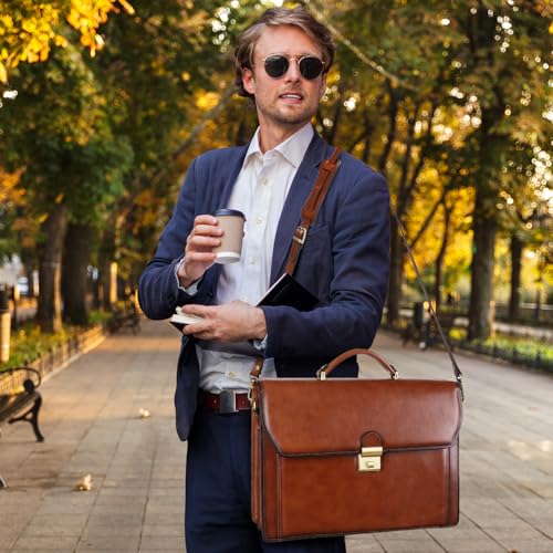 Banuce Vintage Leather Briefcase for Men Attache Case with Lock 14 Inch Laptop Bags for Work Business Travel with Luggage Strap Brown - Image 3