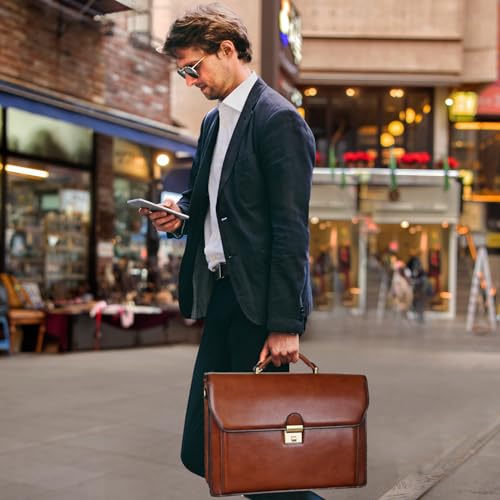Banuce Vintage Leather Briefcase for Men Attache Case with Lock 14 Inch Laptop Bags for Work Business Travel with Luggage Strap Brown - Image 2