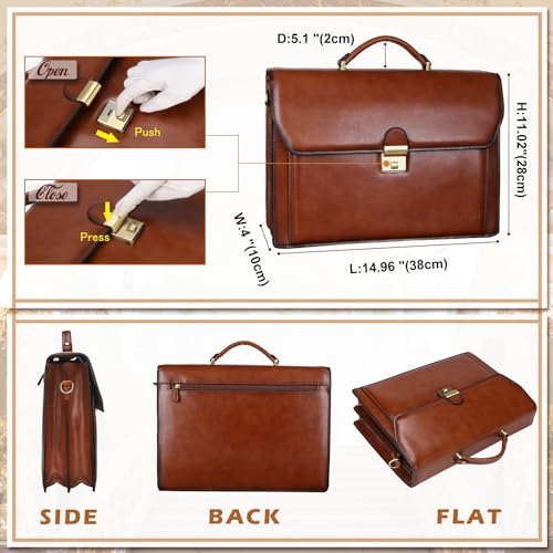 Banuce Vintage Leather Briefcase for Men Attache Case with Lock 14 Inch Laptop Bags for Work Business Travel with Luggage Strap Brown - Image 4