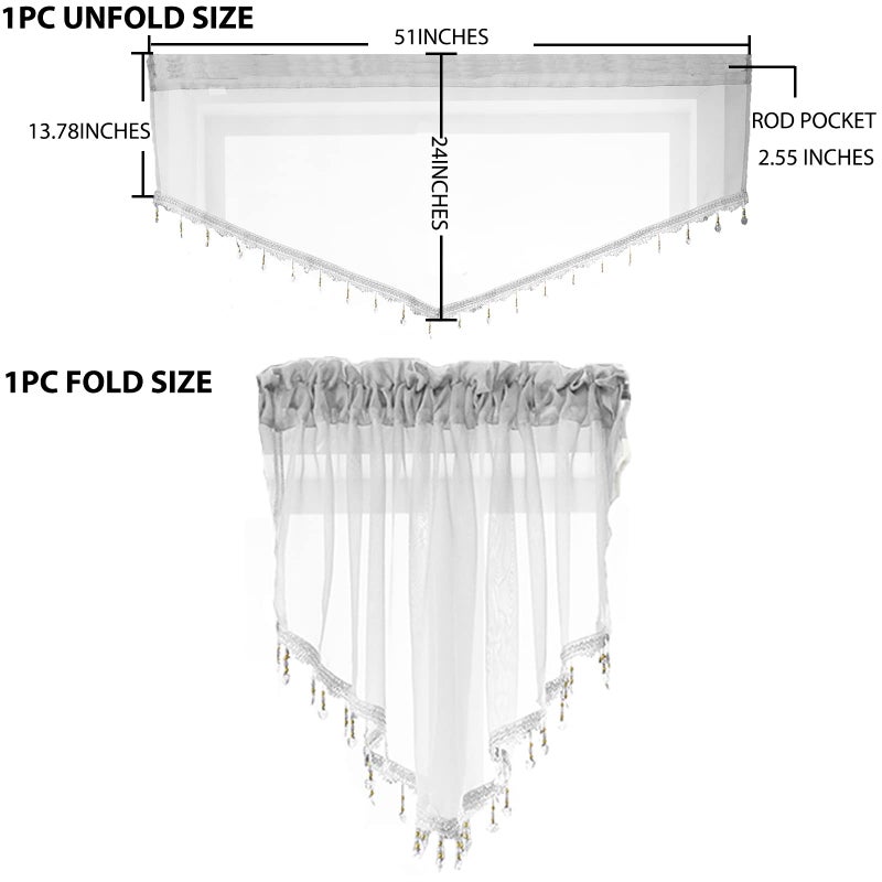 PearAge Beaded Triangle Sheer Valance Curtains for Living Room,Rod Pocket Farmhouse Window Valance, Bead Trim Tassel Voile Sheer Curtain Valance for Bedroom Bathroom Cafe 51x24 Inches (Ivory) 1PC - Image 4