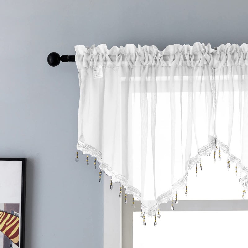 PearAge Beaded Triangle Sheer Valance Curtains for Living Room,Rod Pocket Farmhouse Window Valance, Bead Trim Tassel Voile Sheer Curtain Valance for Bedroom Bathroom Cafe 51x24 Inches (Ivory) 1PC - Image 1