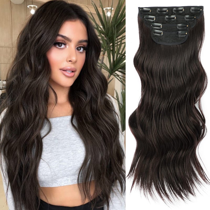 Vigorous Clip in Hair Extensions 4Pcs Dark Brown Long Hair Extensions Clip Ins 20Inch Soft Synthetic Hairpieces for Women