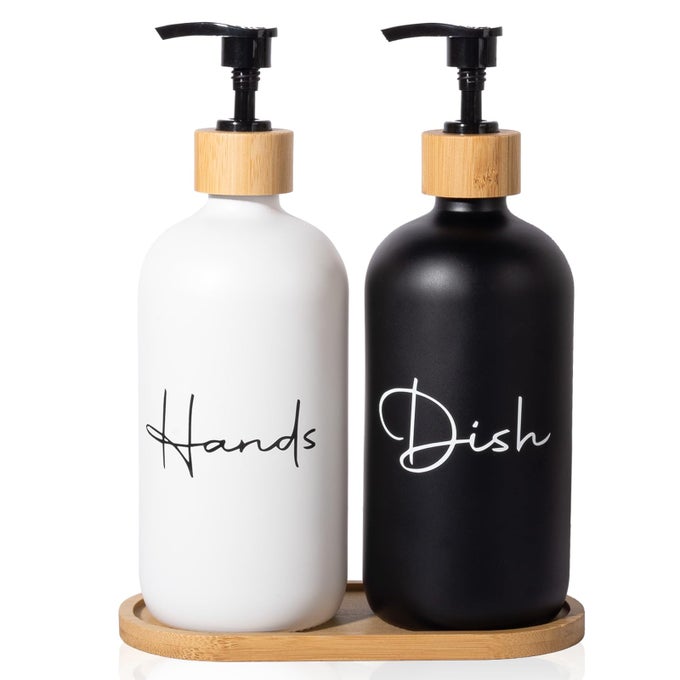 17 OZ HAND SOAP DISPENSER EMPTY GLASS LOTION PUMP BOTTLES REFILLABLE LIQUID DISH SOAP BOTTLES FOR BATHROOM KITCHEN SINK BLACK WHITE 2 PACK