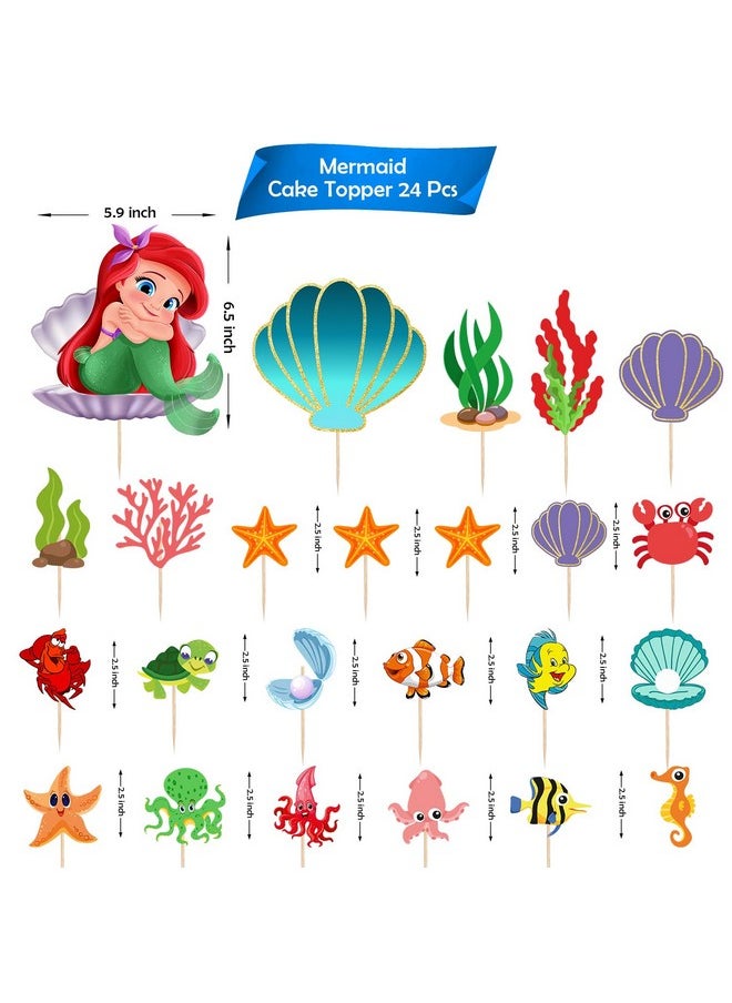 Party Propz Party Propz Mermaid Cake Topper - Set Of 24 Pcs Cake Toppers For Cake Decoration | Happy Birthday Cake Topper | Mermaid Theme Birthday Decorations | Ariel Little Mermaid Cupcake Toppers (Cardstock)  - Image 2