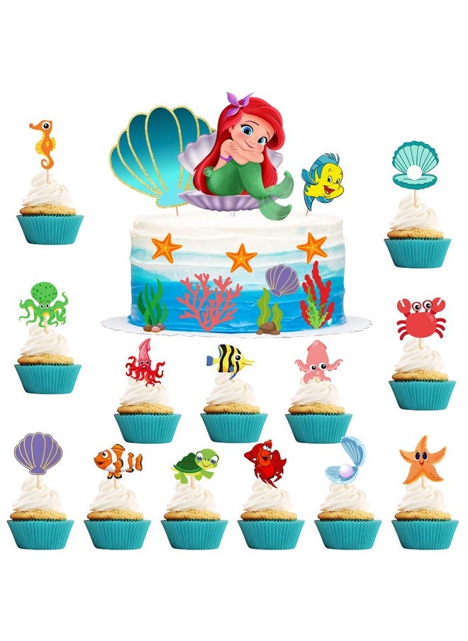 Party Propz Party Propz Mermaid Cake Topper - Set Of 24 Pcs Cake Toppers For Cake Decoration | Happy Birthday Cake Topper | Mermaid Theme Birthday Decorations | Ariel Little Mermaid Cupcake Toppers (Cardstock)  - Image 1