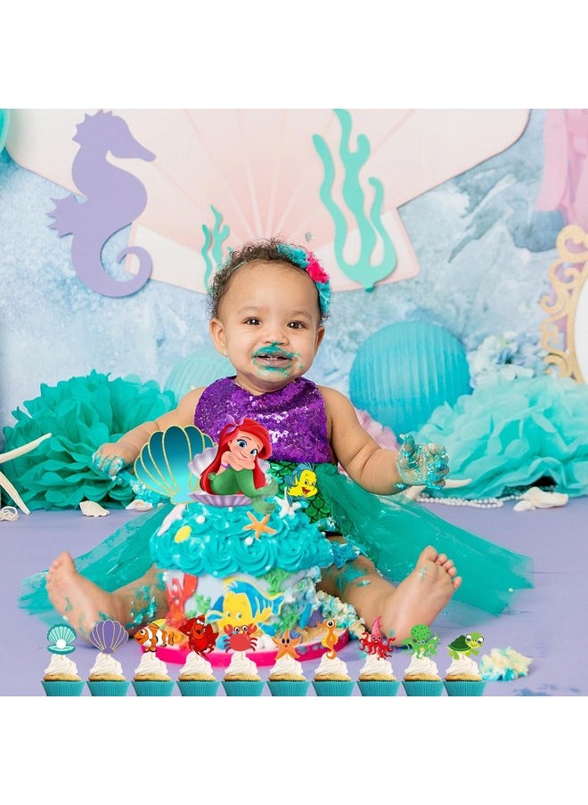 Party Propz Party Propz Mermaid Cake Topper - Set Of 24 Pcs Cake Toppers For Cake Decoration | Happy Birthday Cake Topper | Mermaid Theme Birthday Decorations | Ariel Little Mermaid Cupcake Toppers (Cardstock)  - Image 4
