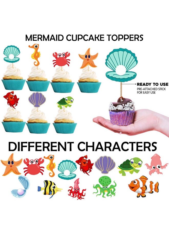 Party Propz Party Propz Mermaid Cake Topper - Set Of 24 Pcs Cake Toppers For Cake Decoration | Happy Birthday Cake Topper | Mermaid Theme Birthday Decorations | Ariel Little Mermaid Cupcake Toppers (Cardstock)  - Image 3