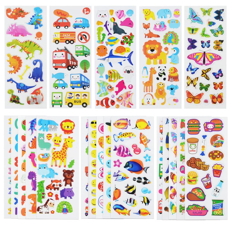 DaiUni 24 Sheets500 3D Puffy Stickers for Toddlers Kids Bulk Preschool Sticker Sheets for Reward Craft Scrapbooking Including Animal Fruits Dinosaurs Fish and More - Image 1