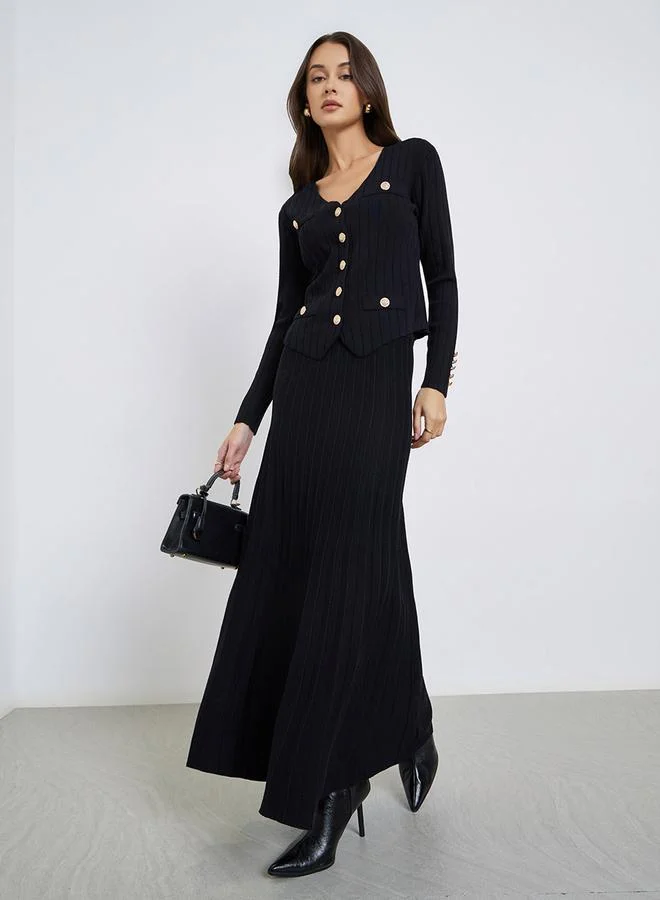Styli Black Knit Cardigan and Pleated Skirt Co-ords