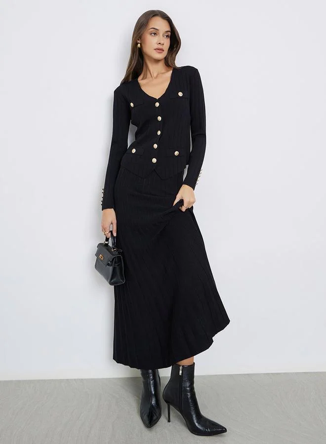 Styli Black Knit Cardigan and Pleated Skirt Co-ords