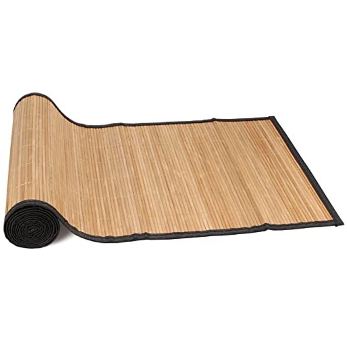 BambooMN Natural Brown Slat Bamboo Table Runner with Fabric Border, Home DÃ©cor, Brown w/ Black Border - 1 Piece