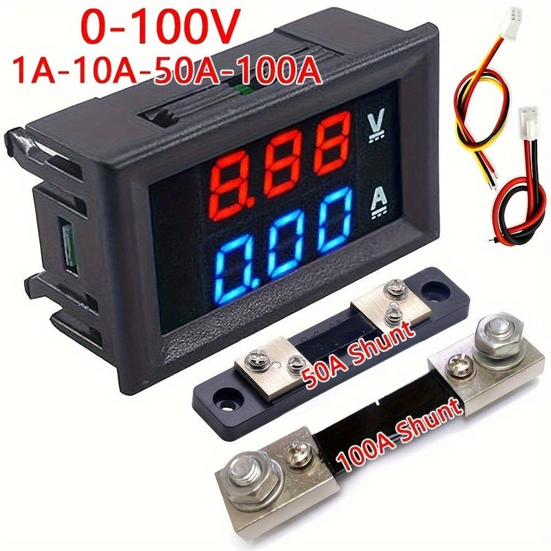 مقياس الجهد والتيار المزدوج LCD ديجيتال يعمل بالتيار المستمر 0-100 فولت 50 أمبير LED أحمر أزرق مع مقاومة تحويل لقياس الجهد والتيار - Image 1