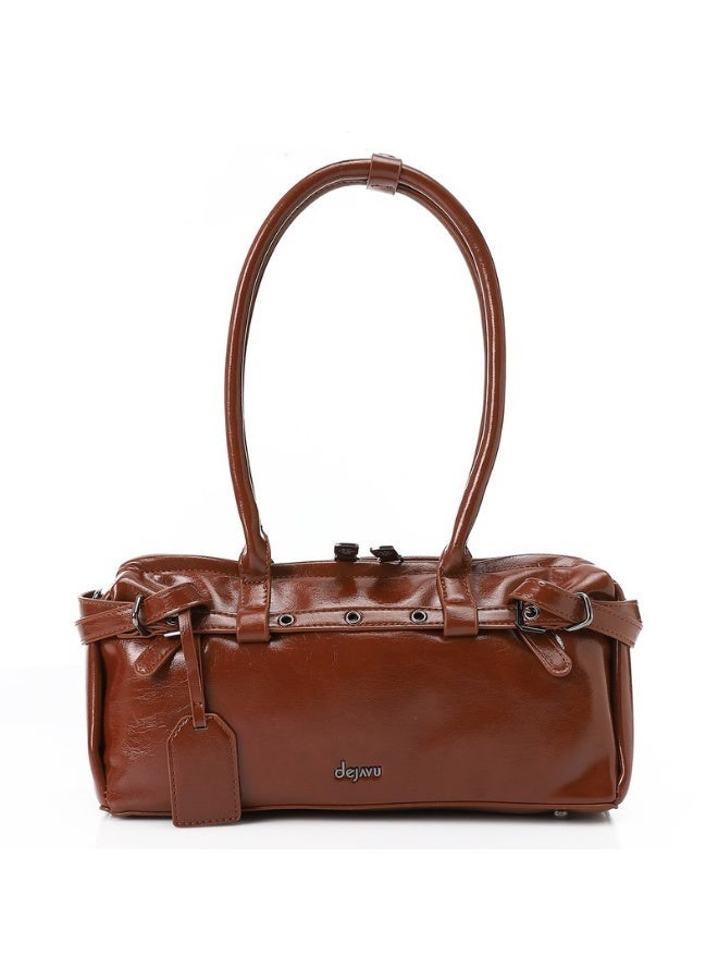 DejaVu Brown Bowler Shiny Solid Plain Shoulder Bag - Image 1