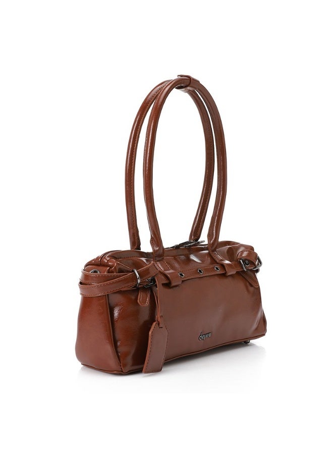 DejaVu Brown Bowler Shiny Solid Plain Shoulder Bag - Image 2
