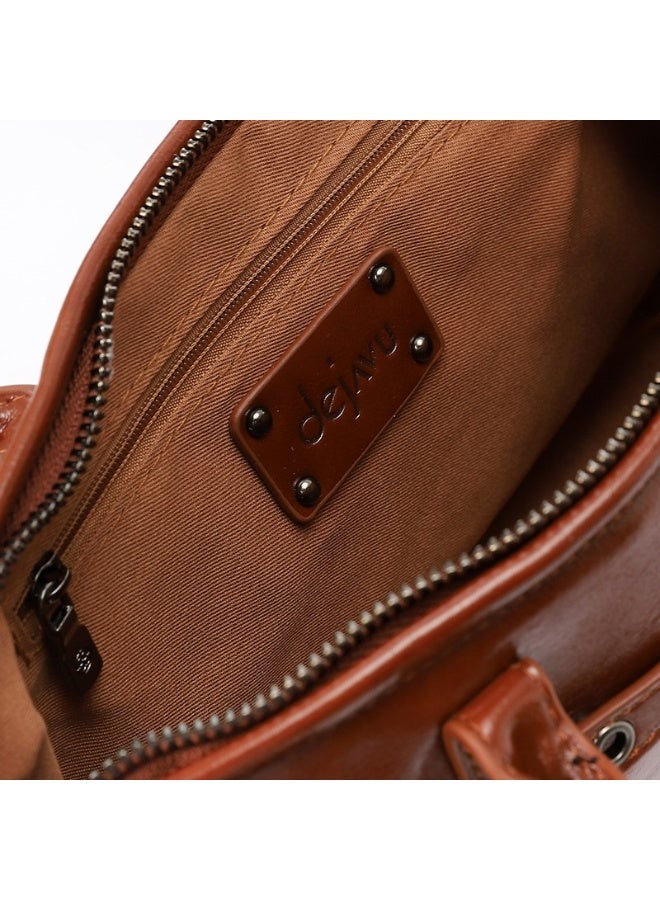 DejaVu Brown Bowler Shiny Solid Plain Shoulder Bag - Image 5