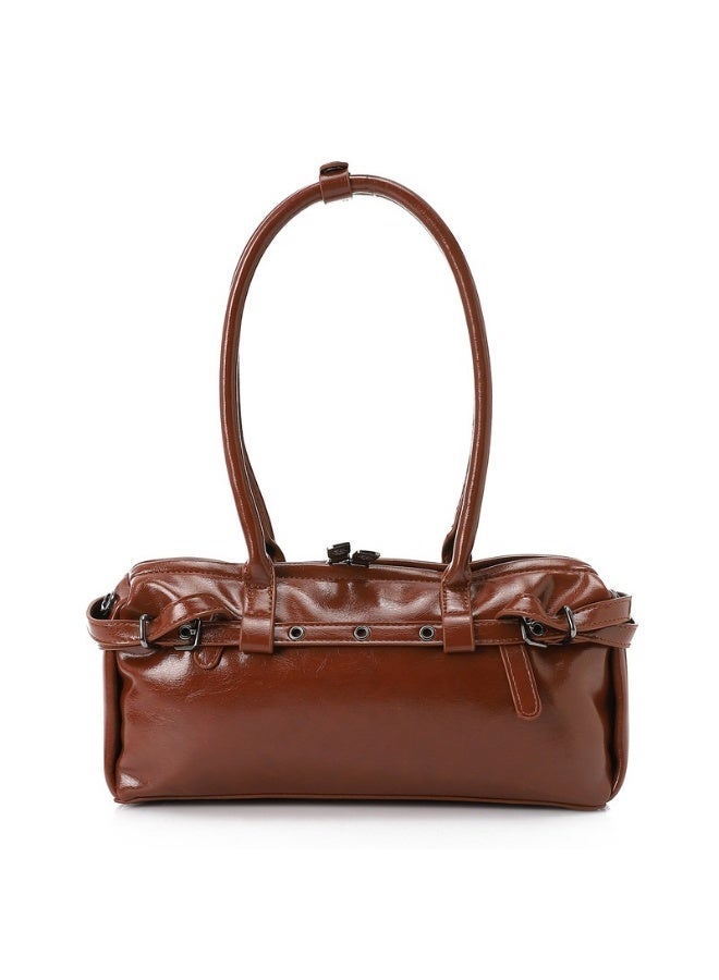 DejaVu Brown Bowler Shiny Solid Plain Shoulder Bag - Image 3