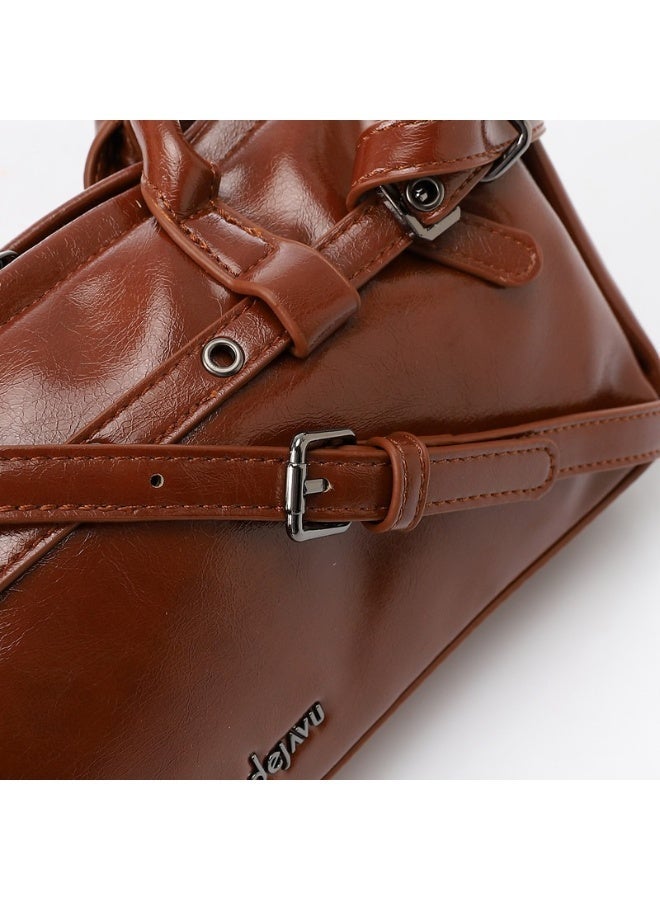 DejaVu Brown Bowler Shiny Solid Plain Shoulder Bag - Image 4