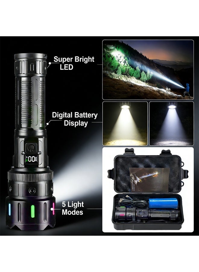 POWER High Lumens Rechargeable LED Flashlight 1500m Long Range 5000mAh Battery Digital Display Zoomable Waterproof Torch Light with COB Side Light for Camping Outdoor Emergency Use - Image 5
