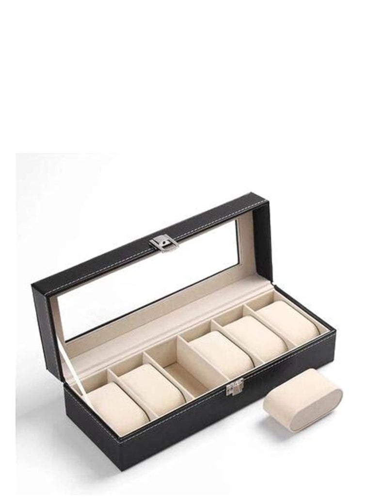 Spaceshoop Men's jewelry box High-grade 6 Compartment leather watch box organizer case black  - Image 2