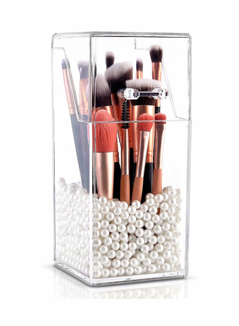 Clear Acrylic Makeup Brush Holder with Dustproof Lid & Free White Pearl, Large Capacity Organizer for Beauty Tools