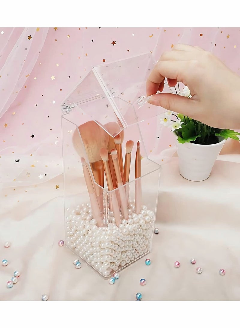 Clear Acrylic Makeup Brush Holder with Dustproof Lid & Free White Pearl, Large Capacity Organizer for Beauty Tools