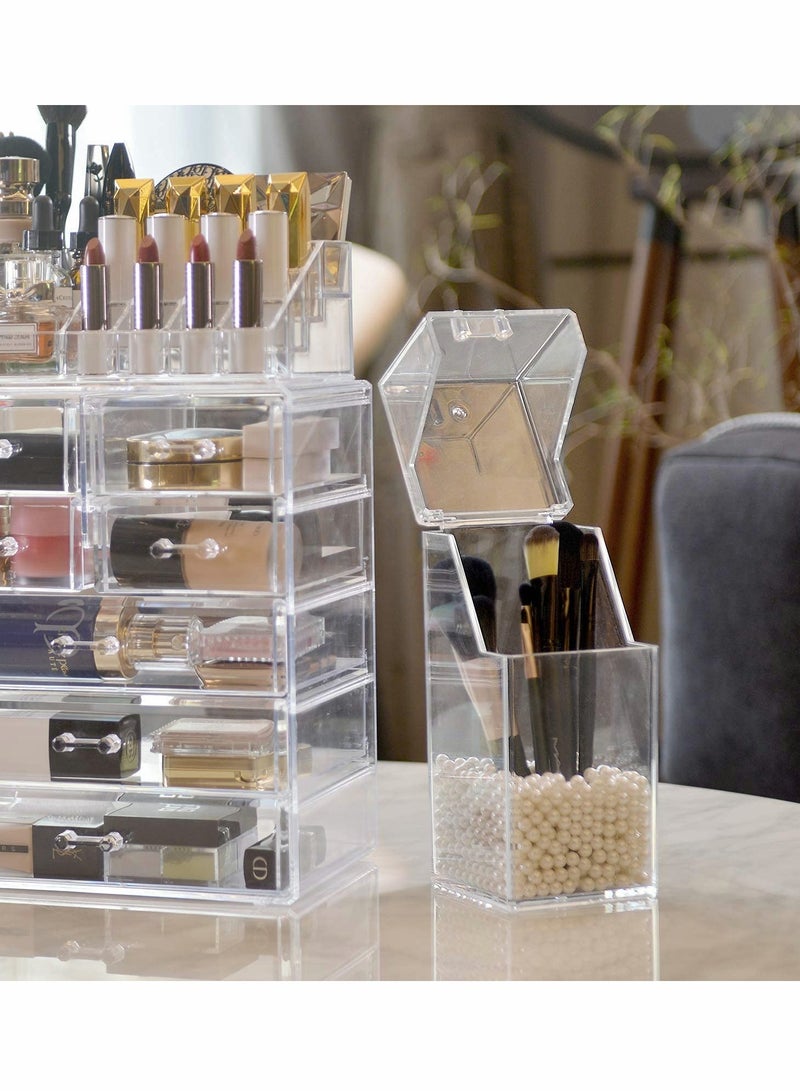 Clear Acrylic Makeup Brush Holder with Dustproof Lid & Free White Pearl, Large Capacity Organizer for Beauty Tools