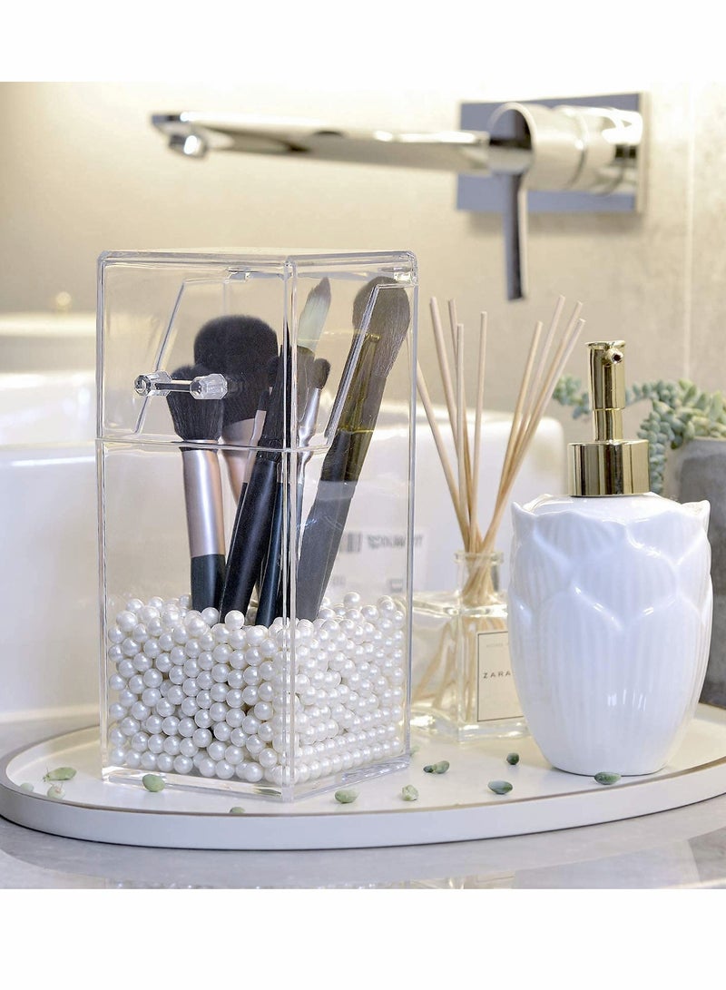 Clear Acrylic Makeup Brush Holder with Dustproof Lid & Free White Pearl, Large Capacity Organizer for Beauty Tools