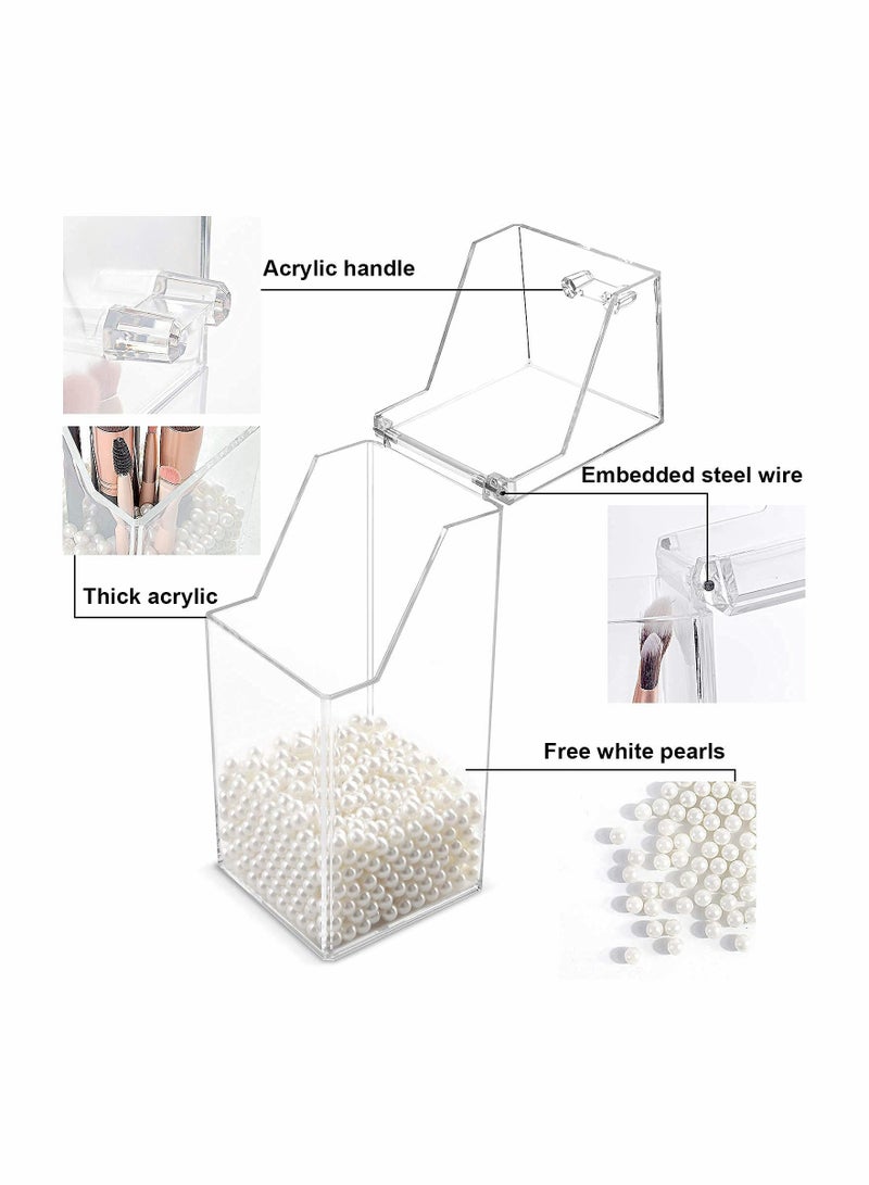 Clear Acrylic Makeup Brush Holder with Dustproof Lid & Free White Pearl, Large Capacity Organizer for Beauty Tools
