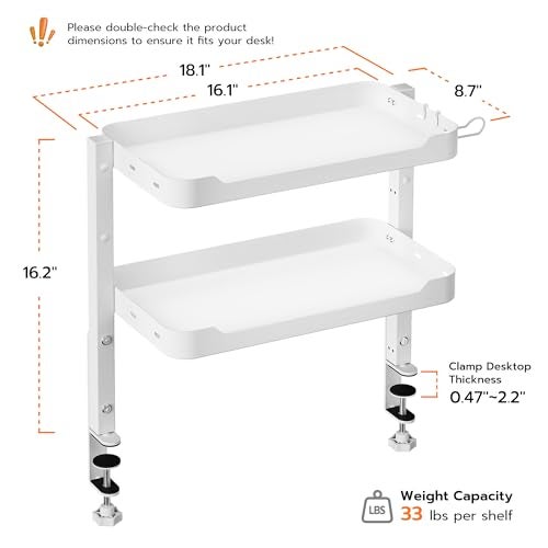 ARES WING 2Tier Clamp On Desk Shelf 16 inch Adjustable Above or Under Desk Storage Shelves Holds 66 lbs Heavy Duty Desktop Organizer with Headphone Holder for Working and Gaming Accessories White - Image 3