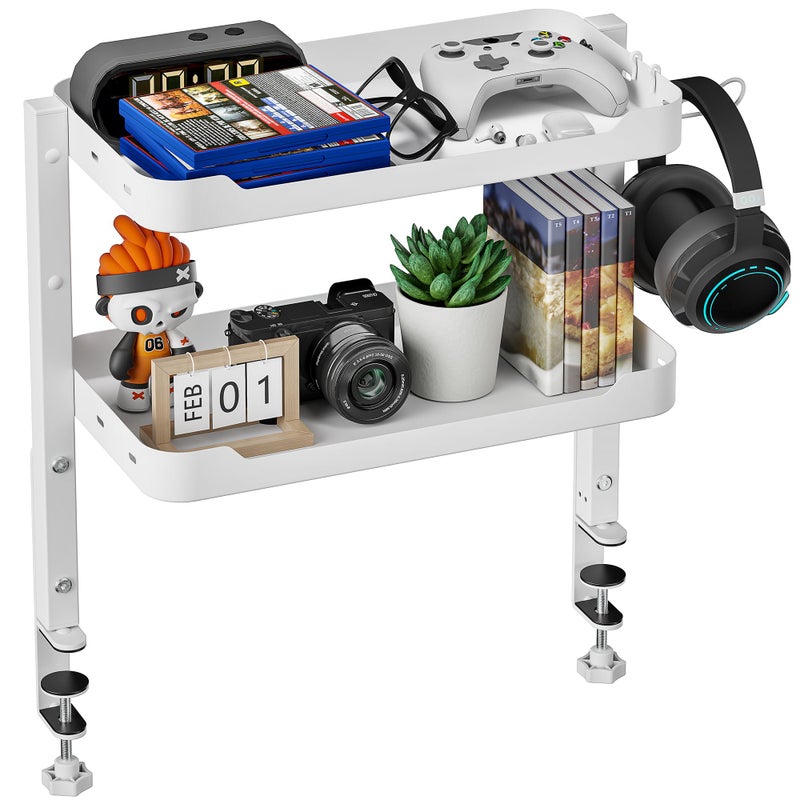 ARES WING 2Tier Clamp On Desk Shelf 16 inch Adjustable Above or Under Desk Storage Shelves Holds 66 lbs Heavy Duty Desktop Organizer with Headphone Holder for Working and Gaming Accessories White - Image 2