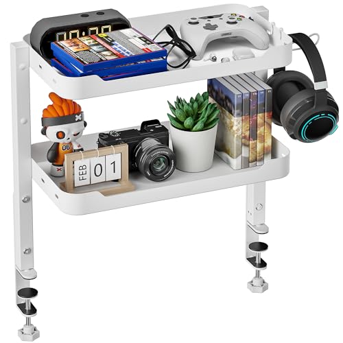 ARES WING 2Tier Clamp On Desk Shelf 16 inch Adjustable Above or Under Desk Storage Shelves Holds 66 lbs Heavy Duty Desktop Organizer with Headphone Holder for Working and Gaming Accessories White - Image 1