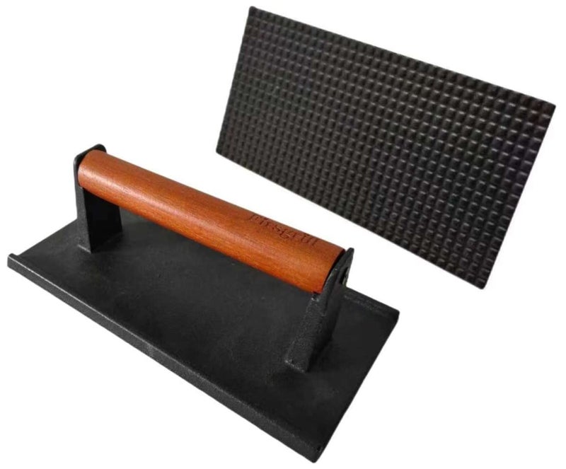 Firsgrill فارس جريل 8343 مكبس جريل من الحديد الزهر الثقيل ووزن ستيك مع مقبض خشبي مريح بلمسة باردة ملحقات الشواء للشواية الخارجية بانيني تورتيلا 2 مستطيل