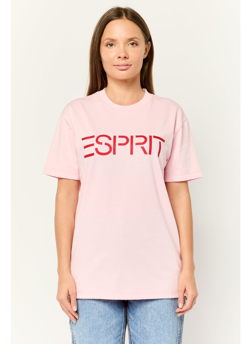 ESPRIT - Women Crew Neck Short Sleeves Brand Logo T-Shirt, Pink - Image 1