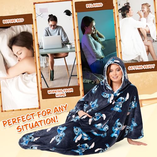 Disney Stitch Blanket Hoodie for Women and Teenagers - Cosy Oversized Fleece Poncho One Size Sherpa Hood - Stitch Gifts - Image 5