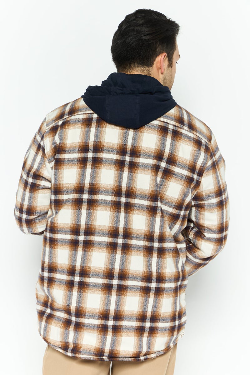 Rainforest Men Hooded Plaid Jacket Shirt, Brown  - Image 4