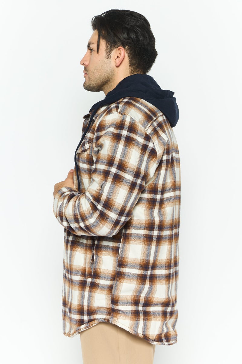 Rainforest Men Hooded Plaid Jacket Shirt, Brown  - Image 3