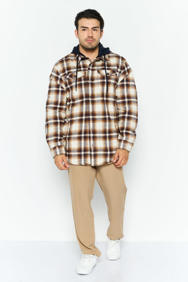 Rainforest Men Hooded Plaid Jacket Shirt, Brown  - Image 2
