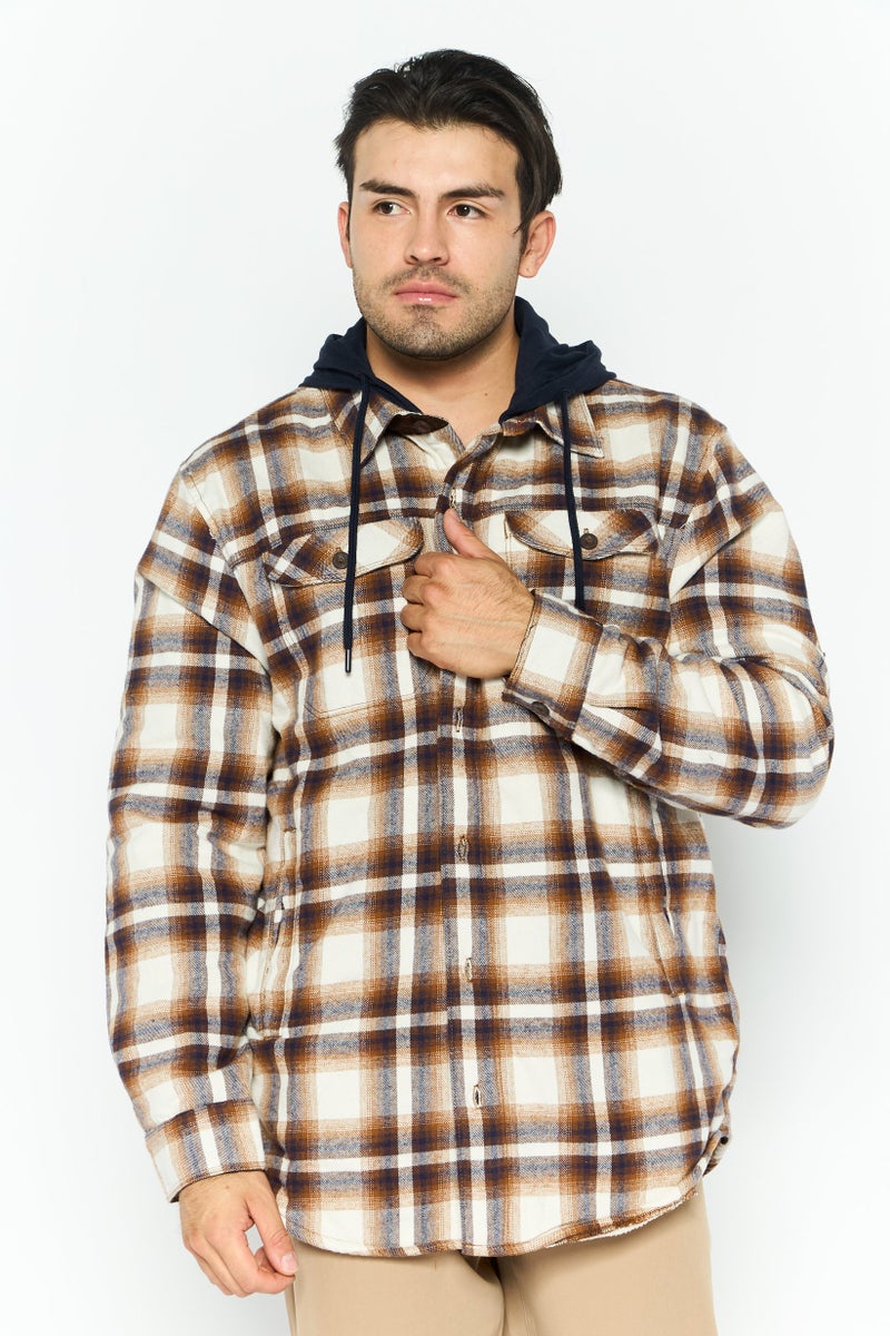 Rainforest Men Hooded Plaid Jacket Shirt, Brown  - Image 1