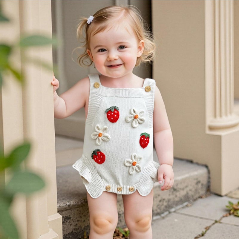 wybzd Newborn Sweater Romper Baby Girl Crochet Knit Sweaters Rompers Embroidery Flower Strawberry Outfit Sleeveless Bodysuit (White, 0-3 Months) - Image 3