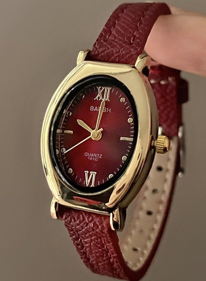 Barsh Women's Vintage Oval Watch - Gold Case with Burgundy Leather Strap & Red Dial | Elegant Casual Wristwatch - Image 1